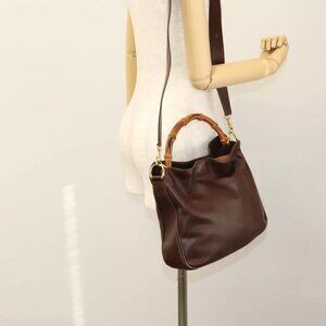 GUCCI Bamboo Hand Bag Leather 2way Brown Gold